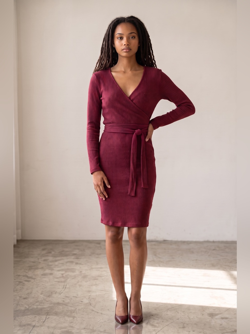 Allegra K - NWT - Burgundy Ribbed Wrap Midi Dress